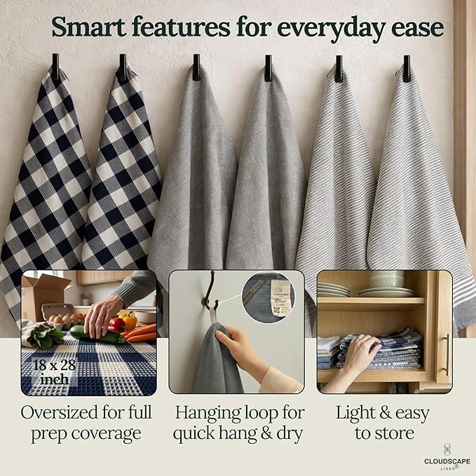 CLOUDSCAPE Kitchen Towels Set of 6 : Cotton-Blended Dish Cloths, Waffle Weave Quick-Drying Dish Towels for Kitchen Essentials, Highly Absorbent, Durable 18”x28” Hand Towels with Hanging Loop -Indigo