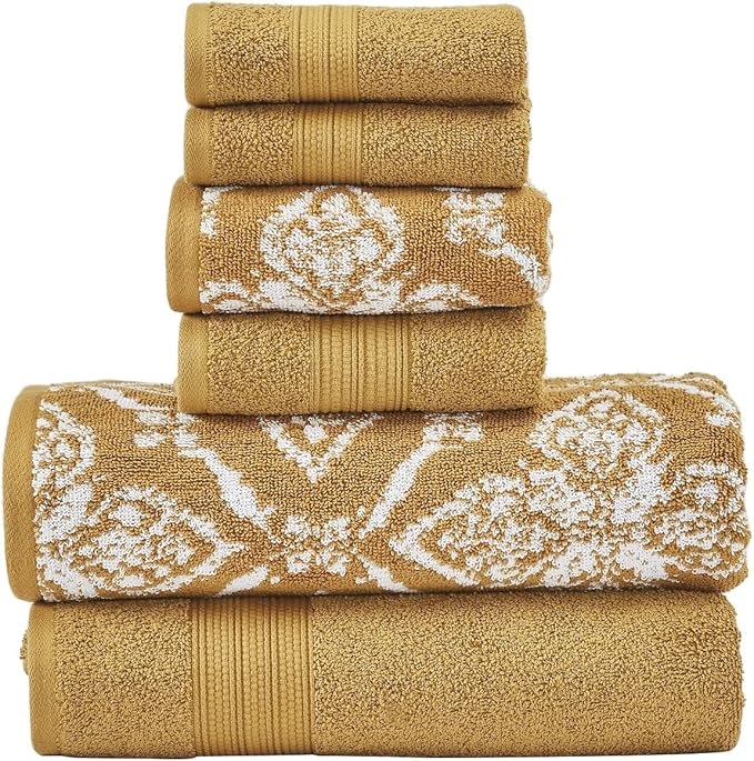 Modern Threads Amaris 6-Piece Reversible Yarn Dyed Jacquard Towel Set - Bath Towels, Hand Towels, & Washcloths - Super Absorbent & Quick Dry - 100% Combed Cotton, Gold