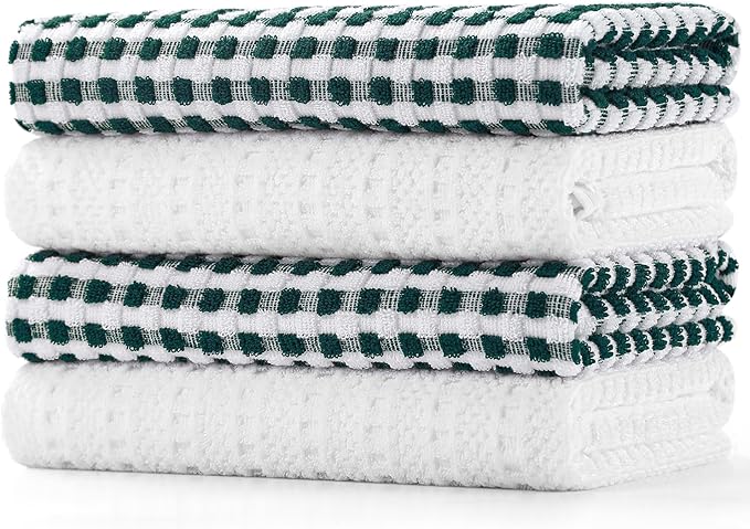 SALAS Cotton Dish Towels Cloths for Kitchen Drying Dishes, Lattice Terry Kitchen Towels, Highly Absorbent Cloths with Hanging Loop, 16‘’ x 26‘’, 4 Packs, Green and White