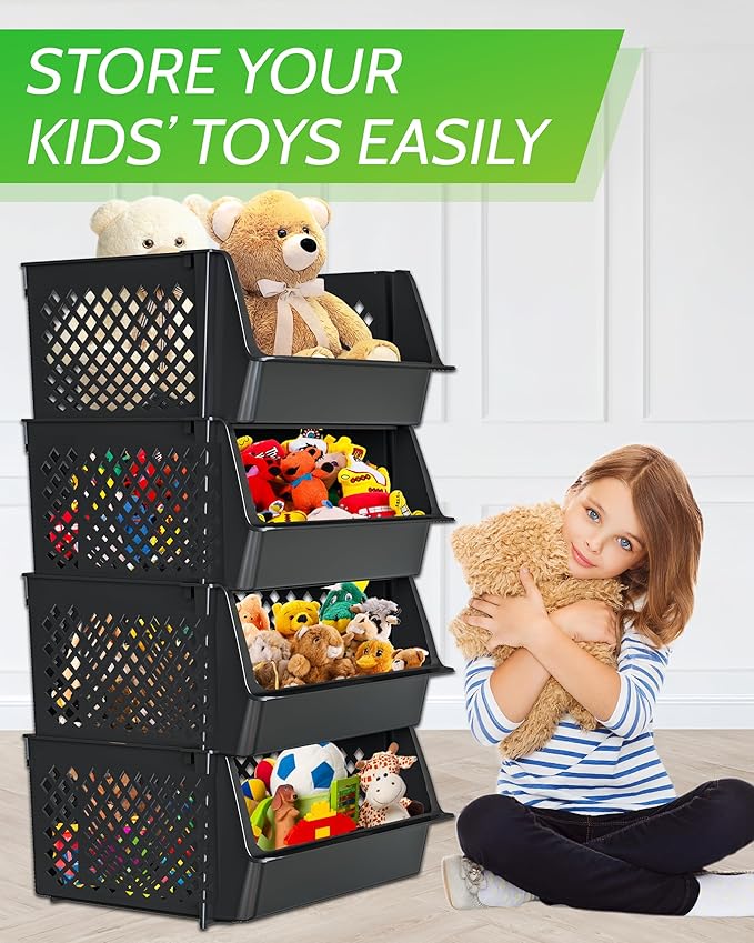 Skywin TidyFriend Plastic Stackable Bins for Pantry, 4 Pack Large Stacking Bins Open Front Kitchen, and Bathroom Organization, Open Front Design (Black)