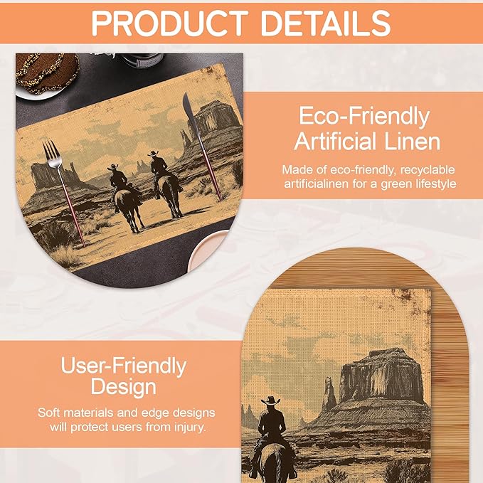 Vintage Western Cowboy Placemats Set of 6,Waterproof Heat Resistant Dining Table Plate Mat for Home Kitchen Dining Table 12x18Inch