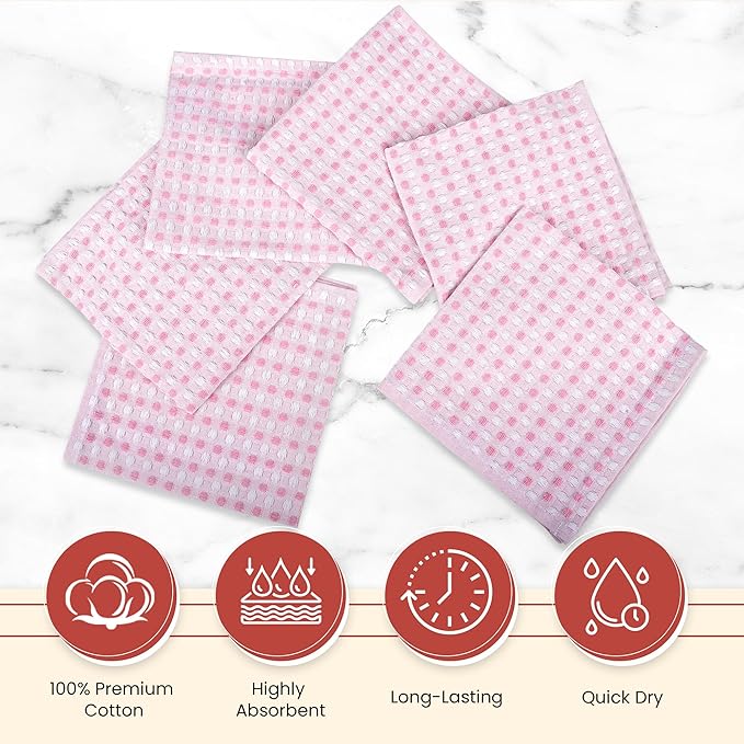 Vintage Vista 100% Cotton Dish Cloths (Pack of 6) - Dish Rags for Washing Dishes - Reusable & Highly Absorbent Kitchen Towels - Kitchen Rags fo Easter - (12" x 12" - Pink Honeycomb)