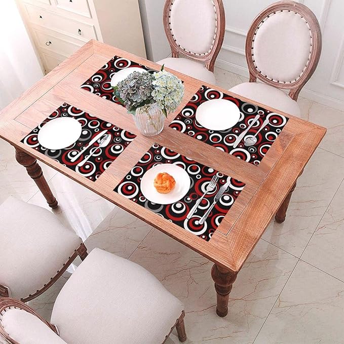 Set of 4 Modern Geometric Black Red and White Circles Patterned Linen Placemats, 12 x 18 Inch Non-Slip Heat Resistant Abstract Art Red Black Table Mats for Kitchen Home Party Dining Table, Home Decor