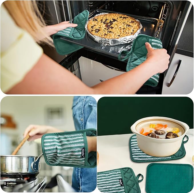 Alselo Silicone Pot Holders Set of 3 Heat Resistant & Non Slip Potholders, Professional Oven Hot Pads with Pockets Mitts for Kitchen Cooking Baking Barbecue (Emerald Green, 3)