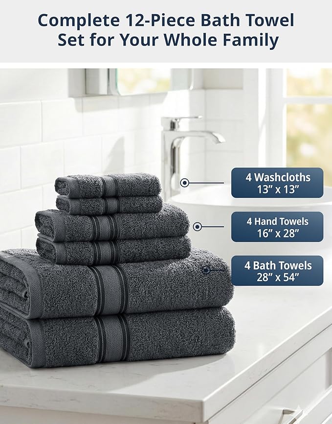 LANE LINEN Towel and Washcloths Set of 12 – 100% Cotton, Zero Twist, 4 Large Bath Towel, 4 Hand Towels & 4 Wash Cloths, Quick Dry & Long-Lasting, Perfect for Family Bathrooms, Easy Care – Cool Grey