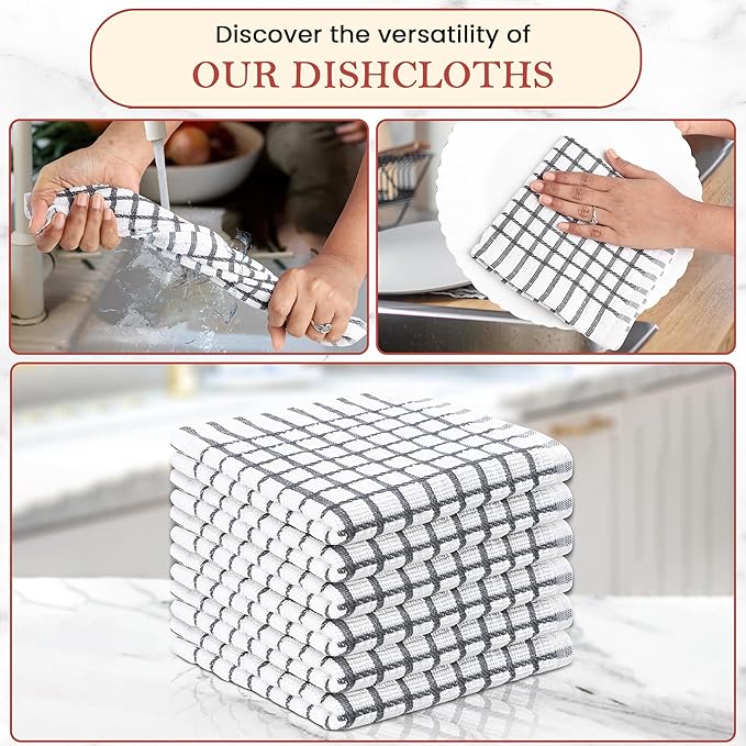 Vintage Vista 100% Cotton Dish Cloths (Pack of 6) - Dish Rags for Washing Dishes - Reusable & Highly Absorbent Kitchen Towels - Kitchen Rags fo Easter - (12" x 12" - Slate Grey Checkered)