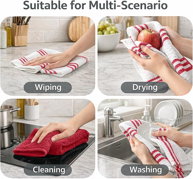 RIVERSIDE Pack of 12 Premium Kitchen Towels 16 x 26 Inches, 100% Cotton Kitchen Hand Towels, Super Soft and Highly Absorbent Dish Towels for Kitchen (Red)