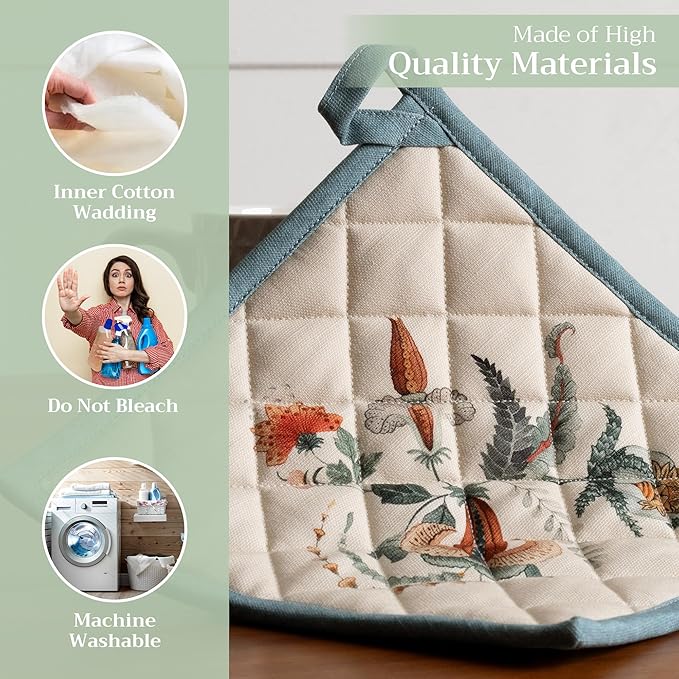 Maison d' Hermine Pot Holders Set 100% Cotton Heat Resistant Potholders 8" x 8" Hot Pads with Loop for Thanksgiving Christmas Decorations BBQ Cooking Baking Handling Hot Pans (Pack of 2, Dalida)