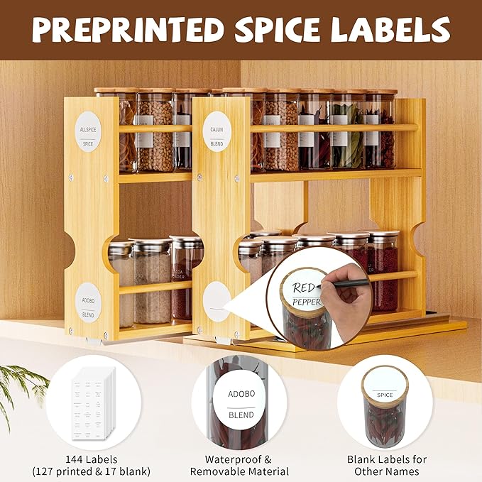 Jolitac Bamboo Pull Out Spice Rack for Cabinet, Slide Out Drawers, Space-Saving Seasoning Kitchen Pantry Sliding Vertical Organization, Easy to Install, 6" Wide, 2 Drawers(1.85" Wide), 2-Tier
