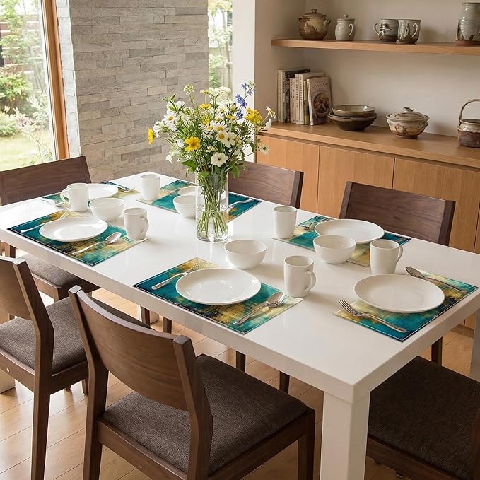 Emvency Farmhouse Placemats Set of 6, Abstract Teal Modern Gold Blue 12x18 Inch Linen Rectangular Place Table Mats for Indoors & Outdoor Home Party Kitchen Dining Decoration