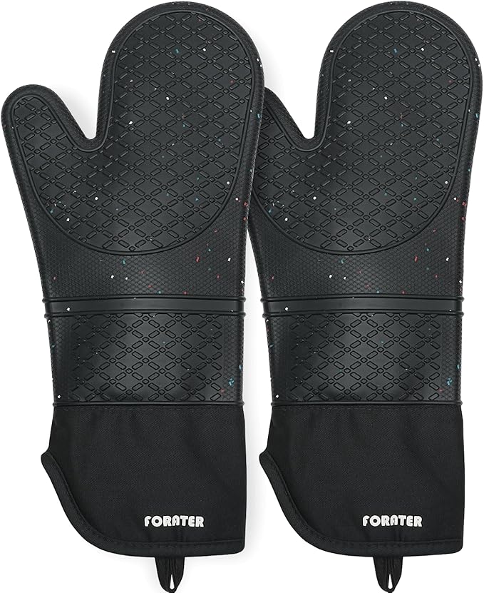 Extra Long Silicone Oven Mitts - Heat Resistant up to 500°F, 15'' Waterproof and Non-Slip Oven Gloves with Soft Quilted Liner - Perfect for BBQ, Cooking, Baking, and Grilling - 1 Pair, Black