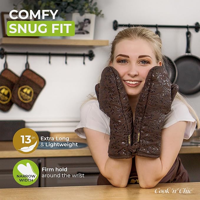 Premium Heat-Resistant Oven Mitts - Stylish and Beautiful - Non-Slip Platinum Silicone Grip - Long and Thick - 100% Natural Cotton Exterior and Soft Terry Cloth Lining - Cook'n'Chic Set of 2 - Brown