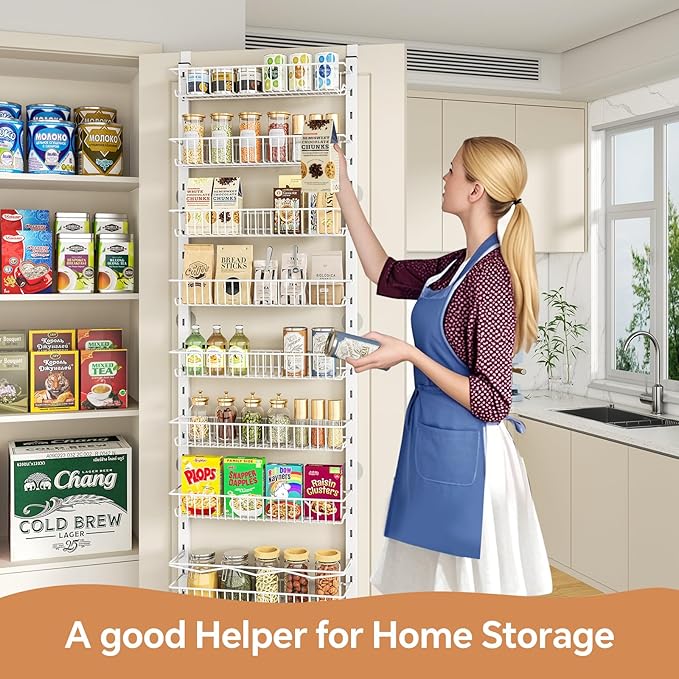 MIAOLI Over the Door Pantry Organizer, 8-Tier Adjustable Spice Rack Cabinet Door Shelves, Hanging Seasoning Organizer for Kitchen Bathroom, Laundry Room Organization, White