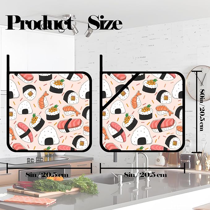 Cute Sushi Pot Holders 2 PCS,Kitchen Heat Resistant Hot Pads for Cooking Grilling Baking BBQ, Pot Holders for Women Cook Home Microwave