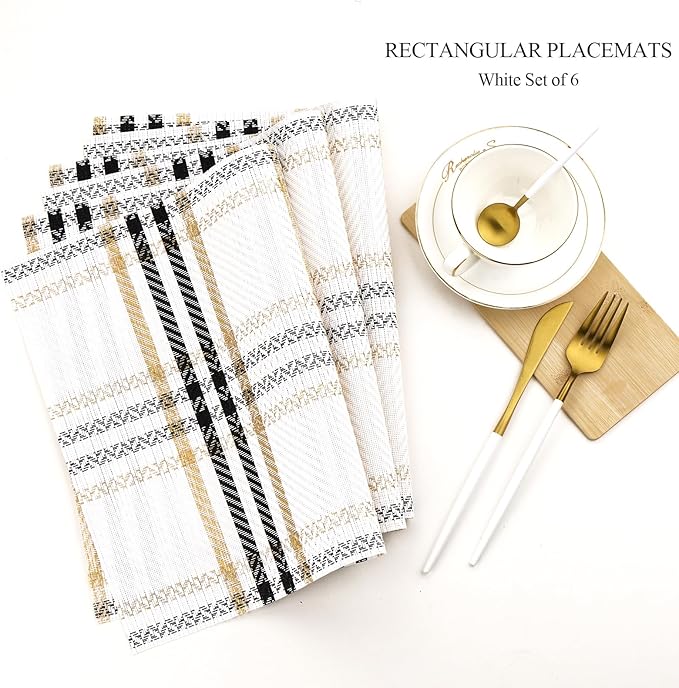 Placemats, Place Mats Set of 6 Washable Wipeable Vinyl Placemats for Kitchen Dining Table Wedding Accent Indoor/Outdoor Durable PVC Table Mats Non Slip (White)