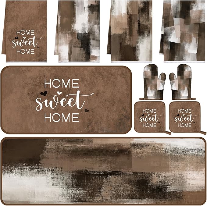 Fourluoo 10 Pcs Brown Kitchen Decor Farmhouse Oven Mitts and Pot Holders Kit Vintage Kitchen Dish Towels Modern Marble Pattern Oven Gloves for Home Decorations Baking Cooking Birthday Summer Gifts