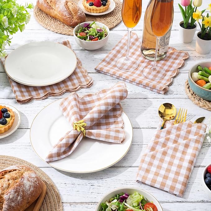 SmoothNovelty 12 Pack Buffalo Plaid Cloth Napkins 18x18 Inch Spring Checkered Cloth Napkins Scalloped Soft Cotton Table Mat Washable Reusable for Dinner Wedding Birthday Parties (Classic,Khaki)