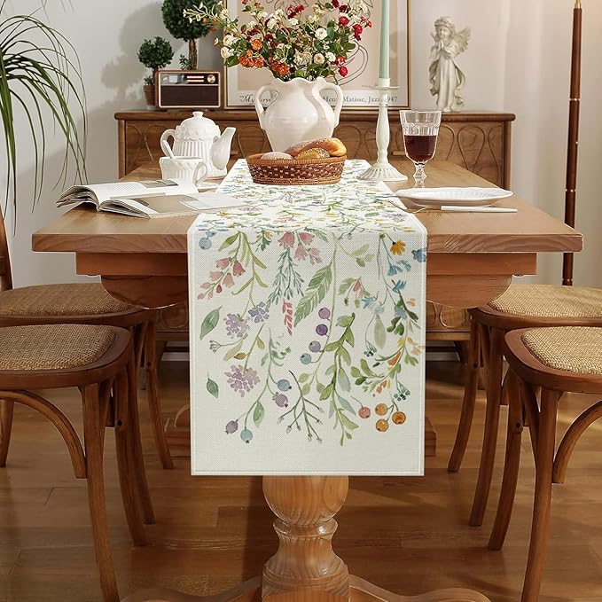 ONFAON Spring Table Runner,Wildflowers Floral Seasonal Summer Kitchen Dining Table Decoration for Home Party Decor 13x72 Inch