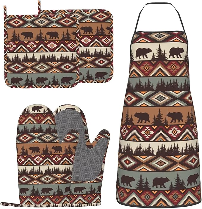 Vintage Rustic Bear Oven Mitts Bear Mountain Pot Holders Country Cabin Themed Cooking Apron Set of 5 Silicone Kitchen Glove Apron Non-Slip Heat Resistant for Chef Baking Cooking Grilling