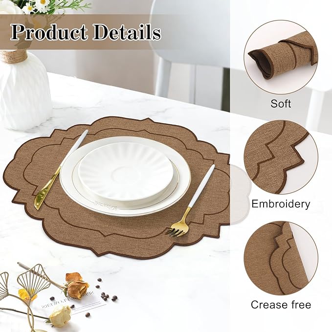 Cotton Linen Oval Placemats Set of 4, HADEEONG Table Mats Cloth Placemats, Washable Wrinkle Resistance, Scalloped & Embroidered Fabric Placemats, 17.71 x 13.77inch (Coffee, 4)