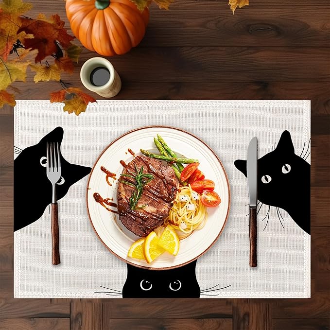 Black Cat Placemats Set of 6,Washable Heat Resistant 12×18 Inch Linen Table Mats Cute Place Mats for Party Outdoor Dining Décor