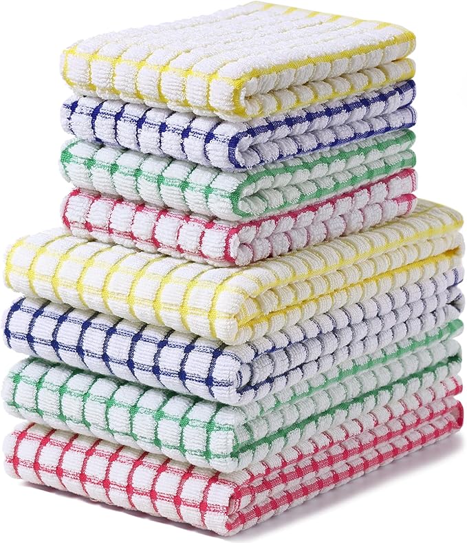 Homaxy Kitchen Towels and Dishcloths Set, 16 x 25 and 12 x 12 Inches, Set of 8 Cotton Terry Kitchen Dish Towels, Super Soft and Absorbent Dish Cloths, Blue/Yellow/Red/Green