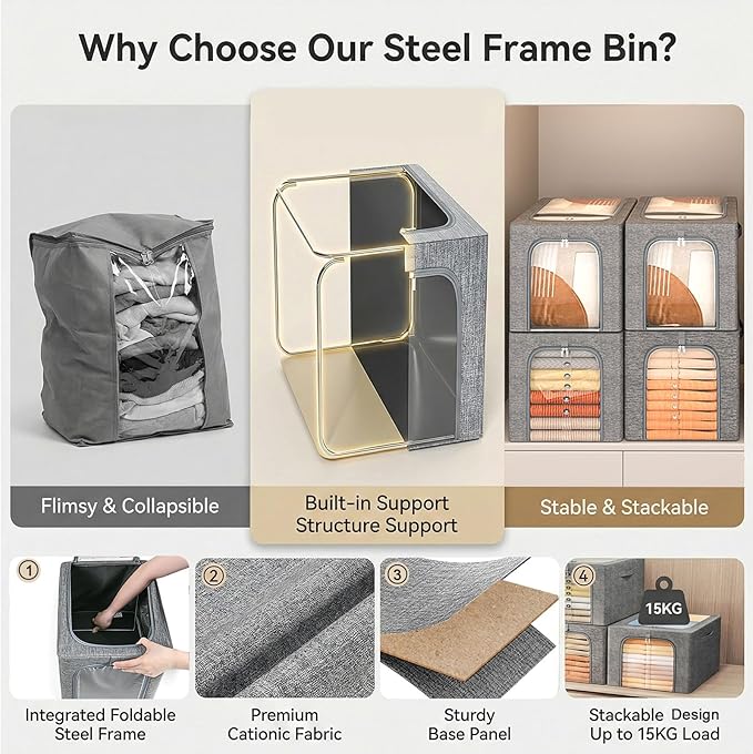 GoMaihe Clothes Storage Bins Metal Frame: 55L Extra Large Stackable Closet Storage Bin with Lid & Clear Window, Heavy Duty Blanket Box for Winter Coats Comforters (Fits Deep Closet 6-Pack)