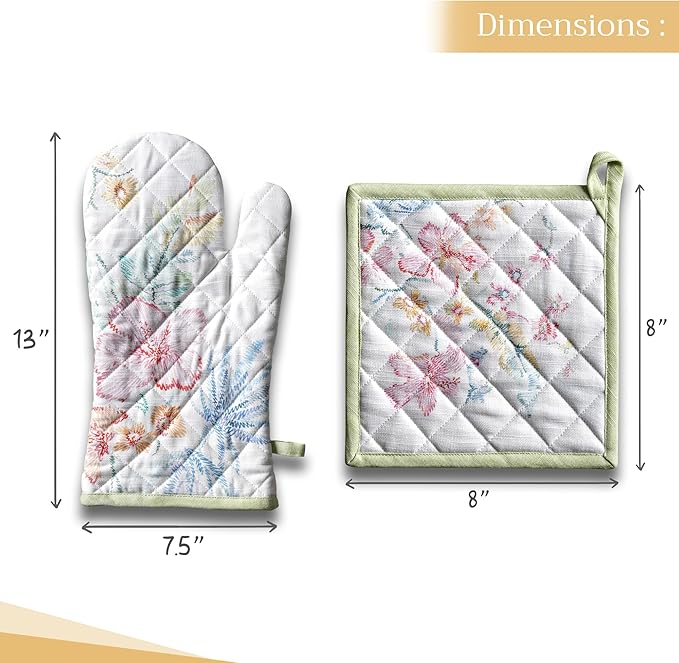 Maison d' Hermine 100% Cotton Oven Mitt & Pot Holder Set (7.5"x13" & 8"x8") Heat Resistant Cooking Gloves with Loop Baking Grilling Kitchen Gifts for Mothers Day Spring/Summer (Paradise Island)