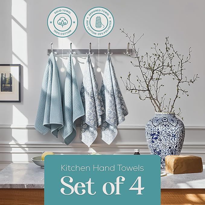 MosJos Kitchen Towels, Cotton Hand Towels, Blue and White Floral Vine Ribbed Hand Drying Cloth Set of 4 Absorbent Hand Towels, 18 x 28 Kitchen Linens
