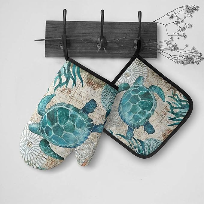 Blue Sea Turtle Oven Mitts & Pot Holders Sets Holiday Kitchen Decor Nautical Map Area Heat Resistant Non-Slip Potholders Set for Cooking Baking BBQ