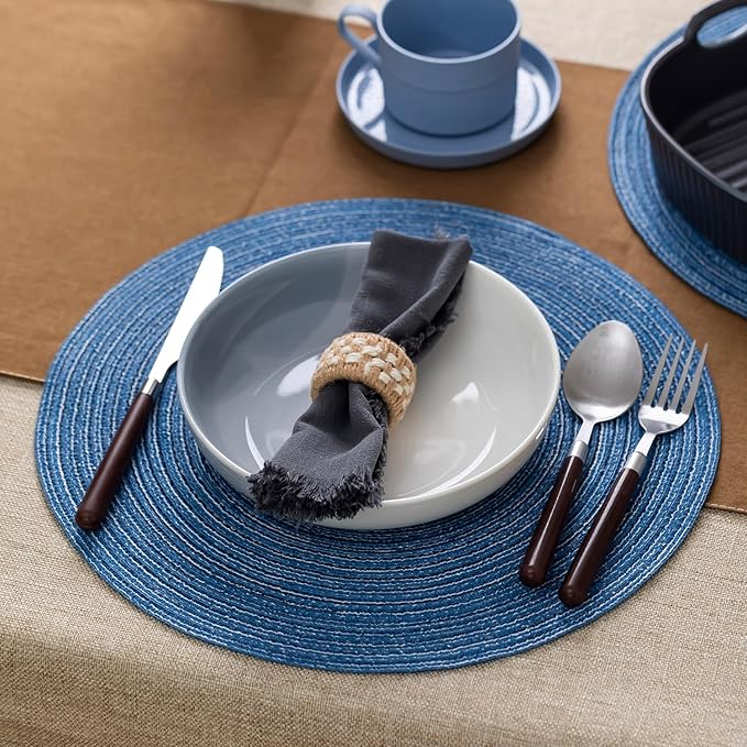 Round Placemats Set of 6 Woven Placemats Washable Braided Table Mats for Dining Table Heat Resistant Non-Slip Circle Place Mats(Mid Blue)