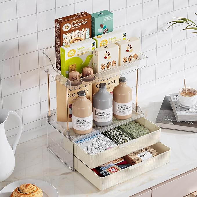 Delamu Bathroom Organizers and Storage, 2 Tier 2 Drawer Makeup Organizer Countertop, Easy to Install, Ideal for Bathroom Counter, Vanity, Ideal for Women Girls, Cream White