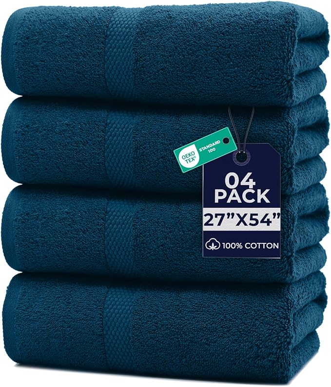 DAN RIVER Bath Towels Set of 4, 27 x 54 Inches, 100% Cotton, Larger & Lighter Weight, Quicker to Dry, Super Soft and Absorbent, Ideal Opal Blue Bath Towel for Daily Use