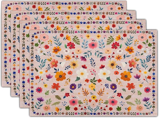 Pink Flowers Linen Placemats Set Spring Floral Table Mat for Women Kitchen Dining Decoration