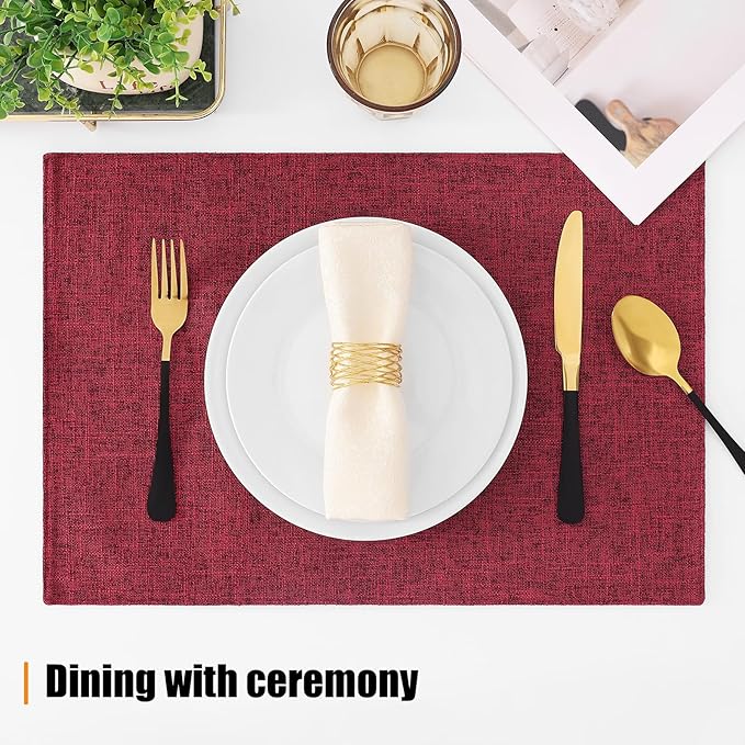 Homaxy Cloths Placemats for Dining Table Set of 4, Heat Resistant Washable Cotton Linen Blend Table Mats, Easy to Clean Place Mats for Indoor Outdoor Party Kitchen Decoration, 13" x 19", Red