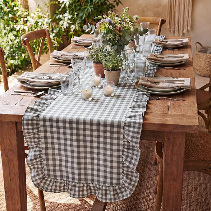 HunnmingRe 1 Pcs Light Grey Plaid Gingham Ruffle Table Runner 72 x 13.8'' Farmhouse Table Runner 100% Cotton Scalloped Long Dresser Scarves for Dining Room, Wedding, Kitchen Rustic Home Decor