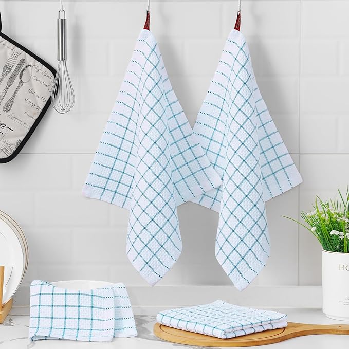 Homaxy 100% Cotton Dish Cloths, 8 Pack-12 X 12 Inches, Check Design Waffle Weave Dish Rags for Washing Dishes, Ultra Absorbent and Fast Drying Dishcloths, Teal