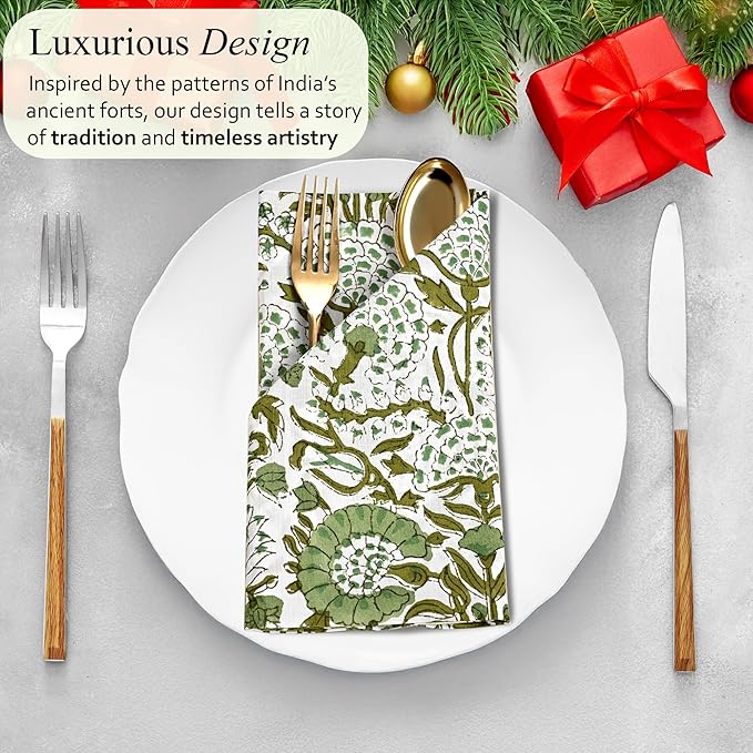 CPC Agate Green Indian Block Print Cotton Cloth Napkins Set of 4, 18x18 Reusable Everyday Napkins, Soft, Absorbent, Floral Dinner Napkin, Holiday, Party Gift, Spring,Mother's Day