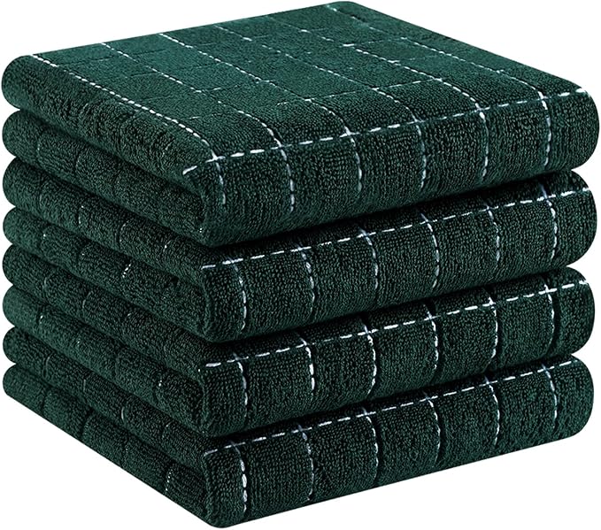 Homaxy 100% Cotton Terry Kitchen Towels(Blackish Green, 13 x 28 inches), Checkered Designed, Soft and Super Absorbent Dish Towels, 4 Pack