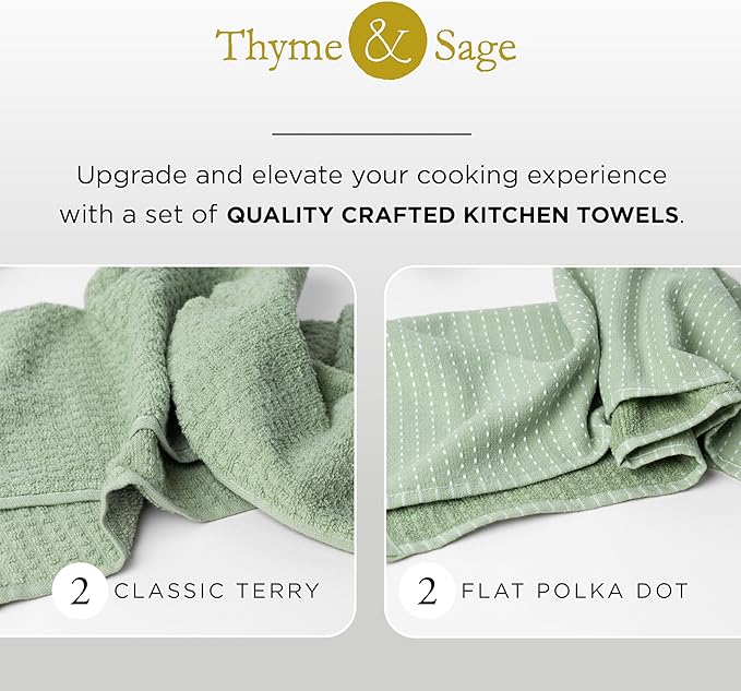 Thyme and Sage 100% Cotton Premium Turkish Kitchen Hand Towel Set, 16"x26", Ultra Absorbent, 350 GSM, Sage, Pack of 4