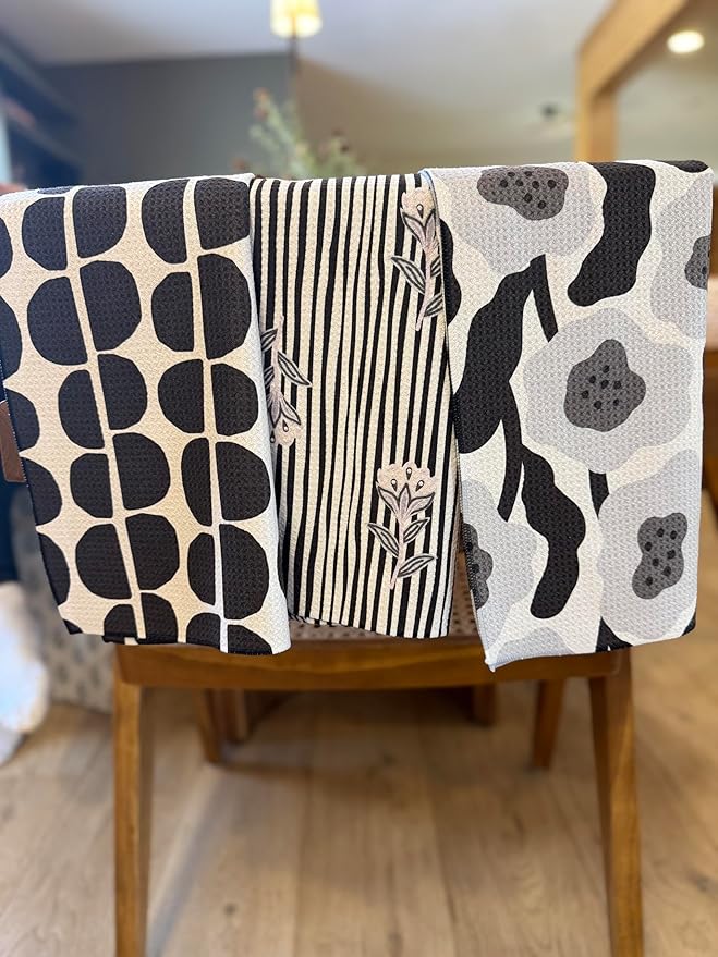 || 3 Pack|| Double Sided Dish Towels || Waffle Weave Microfiber || Tea Towels || Highly Absorbent || Hanging Loop || Dish Cloths || Modern || Designer Prints (Black/Gray)