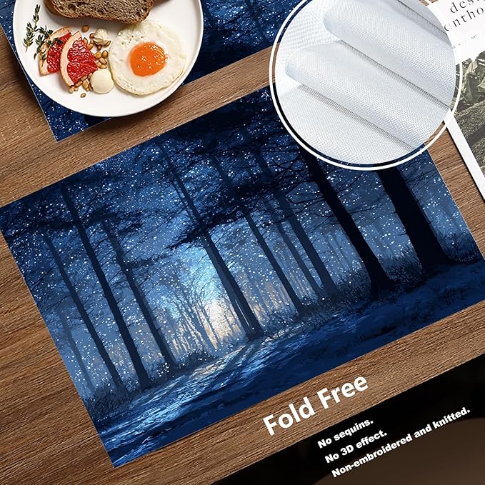 Batmerry Snowy Forest Placemats, Starry Night Forest Scene Washable Linen Table Mats for Kitchen Table Double Insulation Decor Dining Set Indoor Outdoor 12X18 in Set of 4