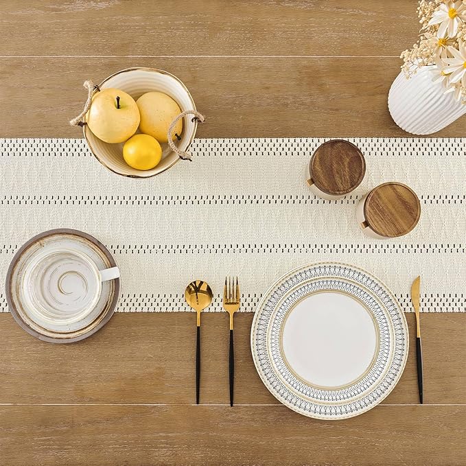 ZeeMart Macrame Style Boho Table Runner, Ivory Table Runners 60 Inches Long, Farmhouse Woven Home Decor, 12x60 Inch, Ivory