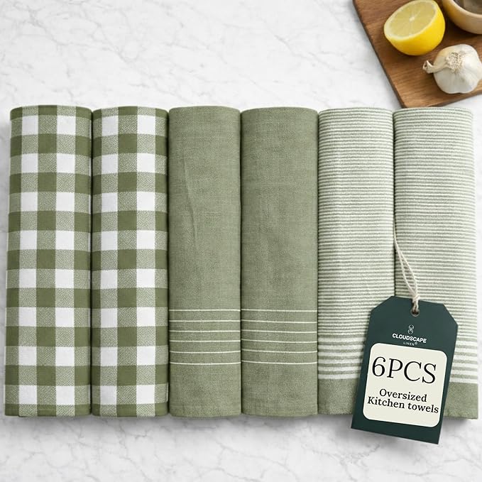 CLOUDSCAPE Kitchen Towels Set of 6 : Cotton-Blended Dish Cloths, Waffle Weave Quick-Drying Dish Towels for Kitchen Essentials, Highly Absorbent, Large 18”x28” Hand Towels with Hanging Loop -Sage Green