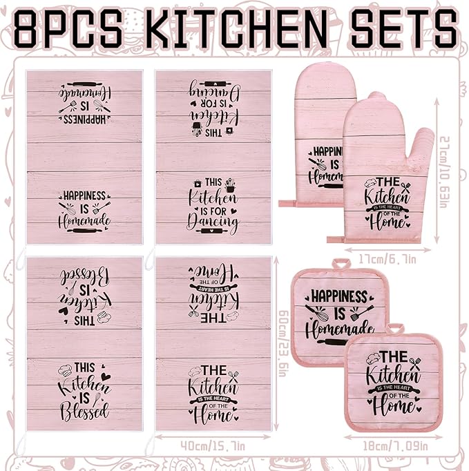 Fourluoo 8 Pcs Pink Kitchen Towels and Dishcloths Sets Oven Mitts and Pot Holders Sets Absorbent Kitchen Gloves Potholders Heat Resistant for Chef Baking Cooking
