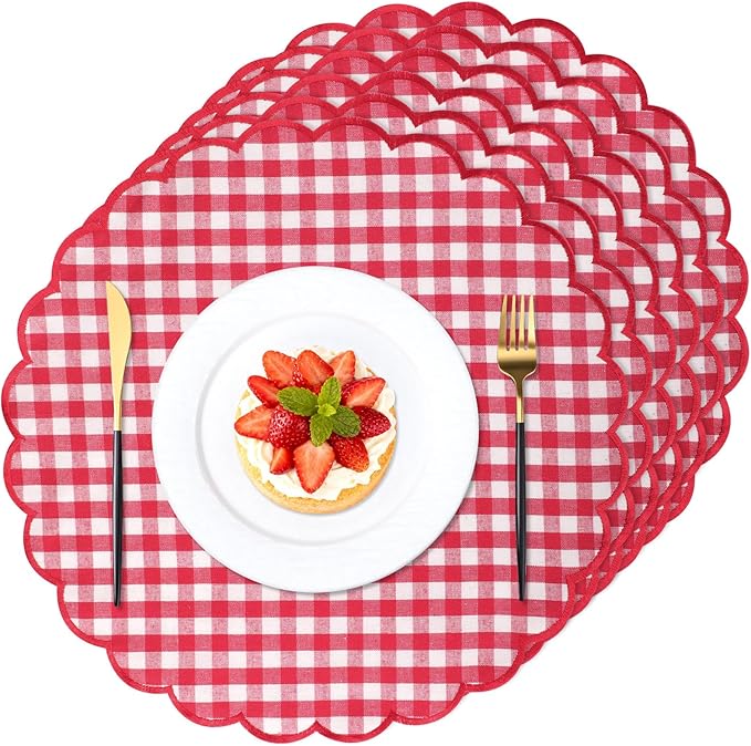 Set of 6 Round Placemats 15 Inch Cotton Scalloped Embroidery Placemat Washable Double Layered Rustic Dinner Table Mat Decor Fabric for Hotel Restaurant Kitchen(Red,Plaid)