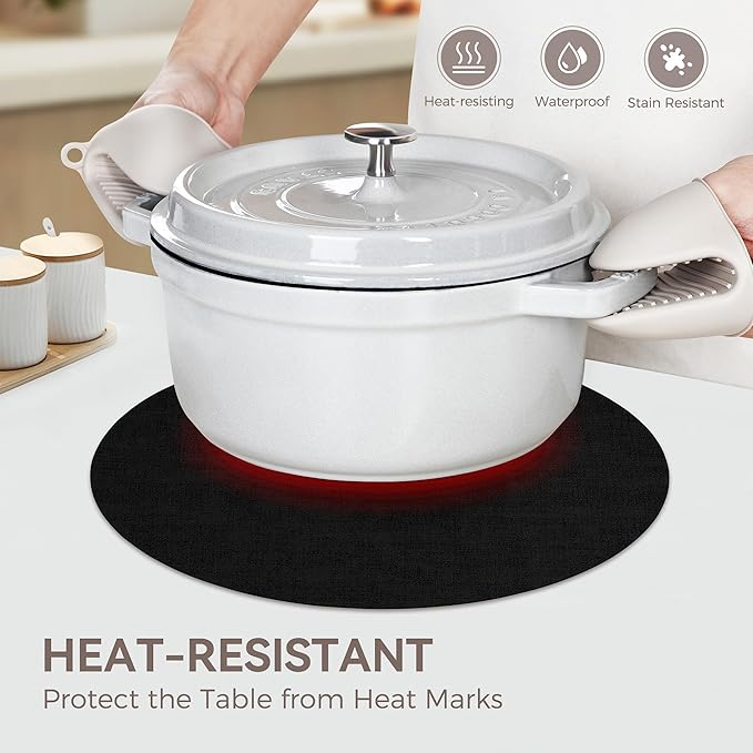 13" Round Placemats Set of 6, Reversible Faux Leather Heat Resistant Table Mats, 100% Waterproof Oilproof Wipeable Table Protective Placemats for Vinyl, Washable for Indoor (6, Black)