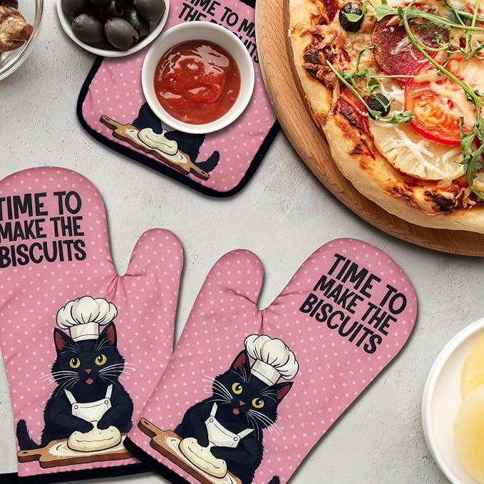 Funny Black Cat Oven Mitts and Pot Holders Set of 3, Time to Make The Biscuits, Heat Resistant Non-Slip Kitchen Mitts Hot Pads, Baking Gifts for Women, Kitchen Gifts for Hostess Bake Lovers