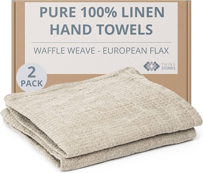 100% European Linen Hand Towels for Kitchen & Bath - Set of 2 - Waffle Weave, Highly Absorbent & Quick-Dry - 14 x 28 in - Stone Washed Flax