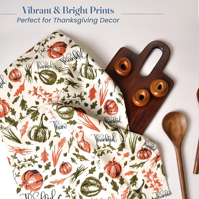 The Fine Living Company Set of 2 Thankful Printed Dish Towels, Hand Towels, Boho Tea Towels - Multifunctional, Stylish, Absorbent, Quick Dry, Soft 18" x28", 100% Cotton, Rust & Olive